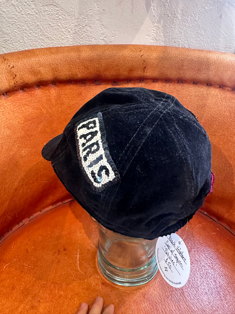 Black Velveteen Cap with Sequin "Patches"