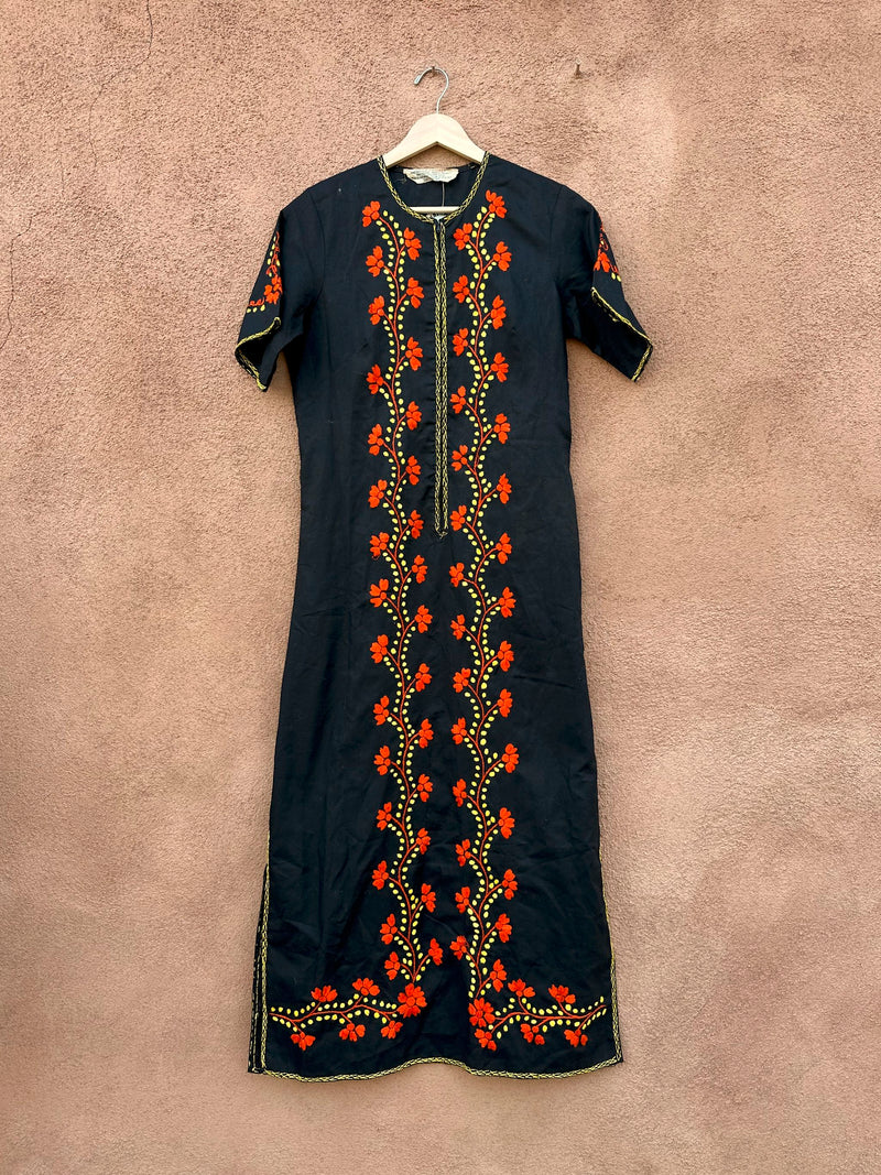 Boho Black Dress with Yellow & Orange Embroidery