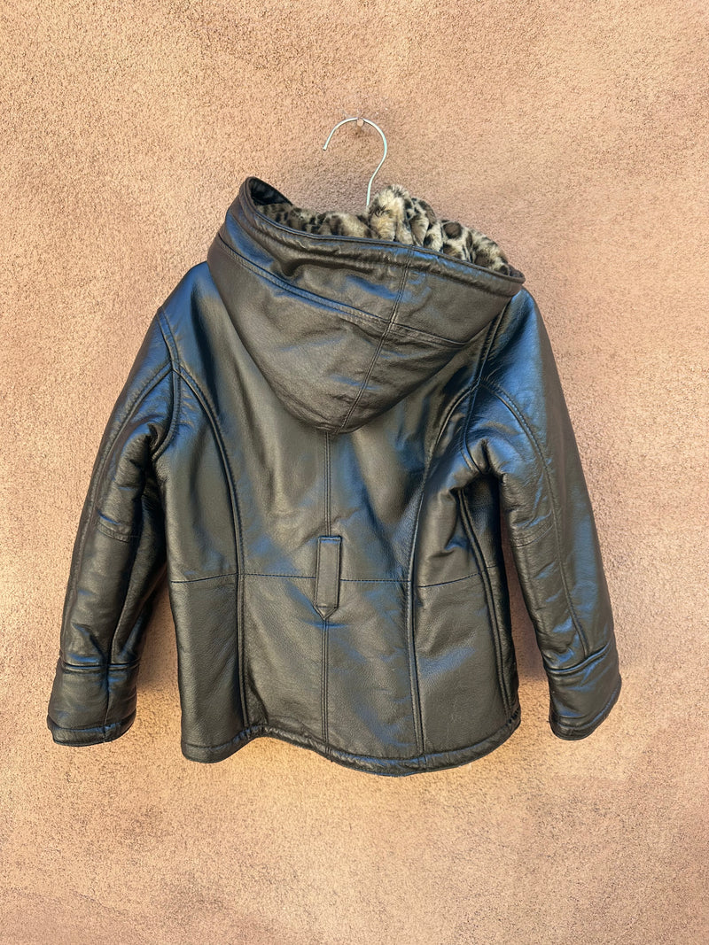 Faux Fur Lined Black Leather Girl's Hooded Jacket