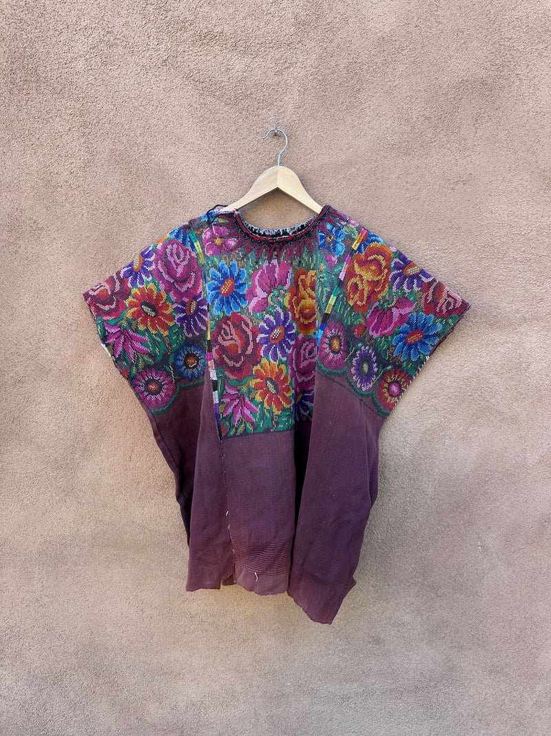 Maroon Canvas & Cotton Embroidered Guatemalan Textile Poncho - as is