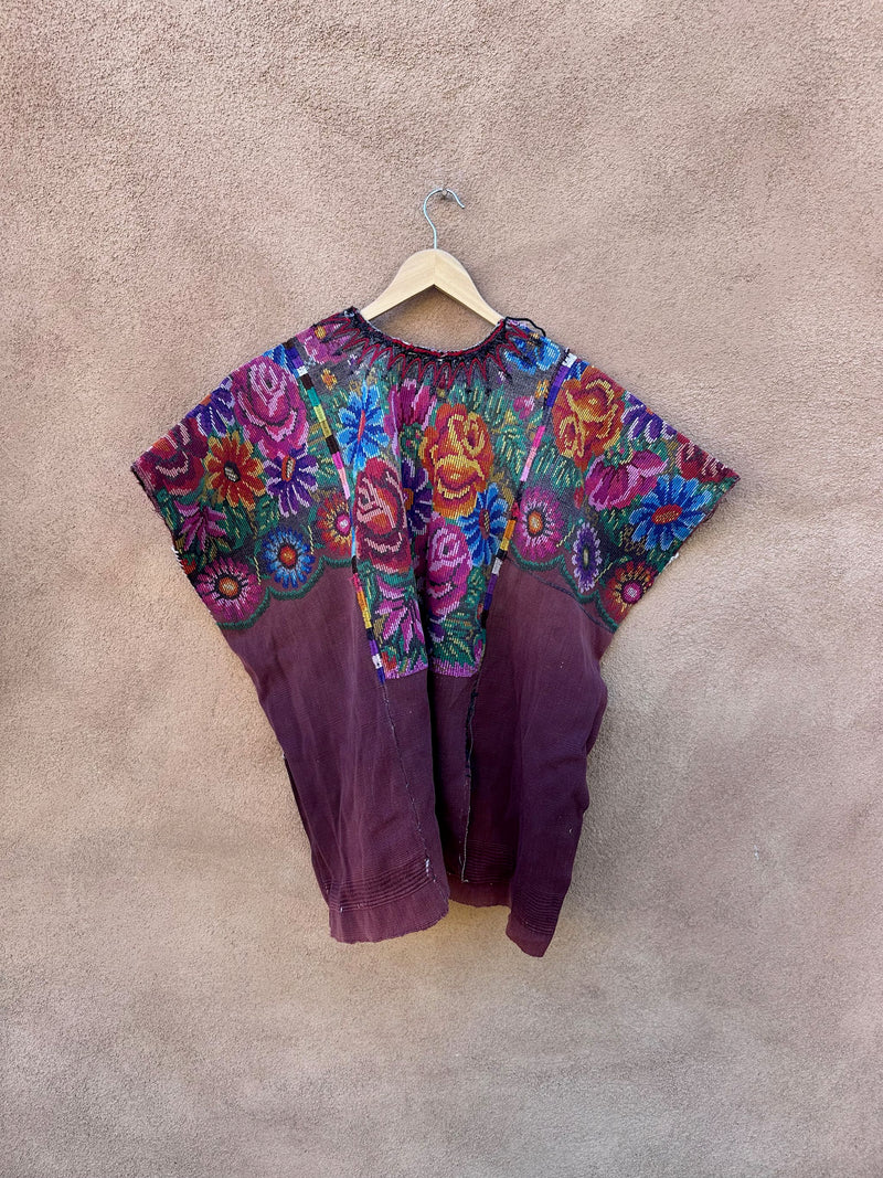 Maroon Canvas & Cotton Embroidered Guatemalan Textile Poncho - as is