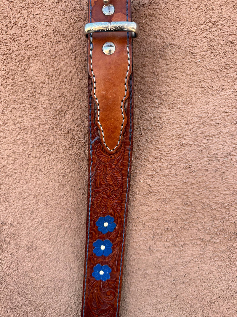 Brown Tooled Leather Belt with Blue Flowers