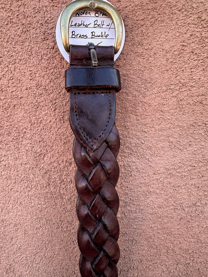 Woven Brown Leather Belt with Brass Buckle - Made in England