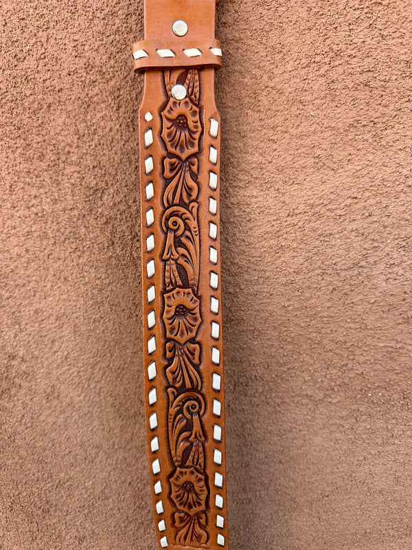 Hand Tooled Brown Leather Belt with Blank Plate