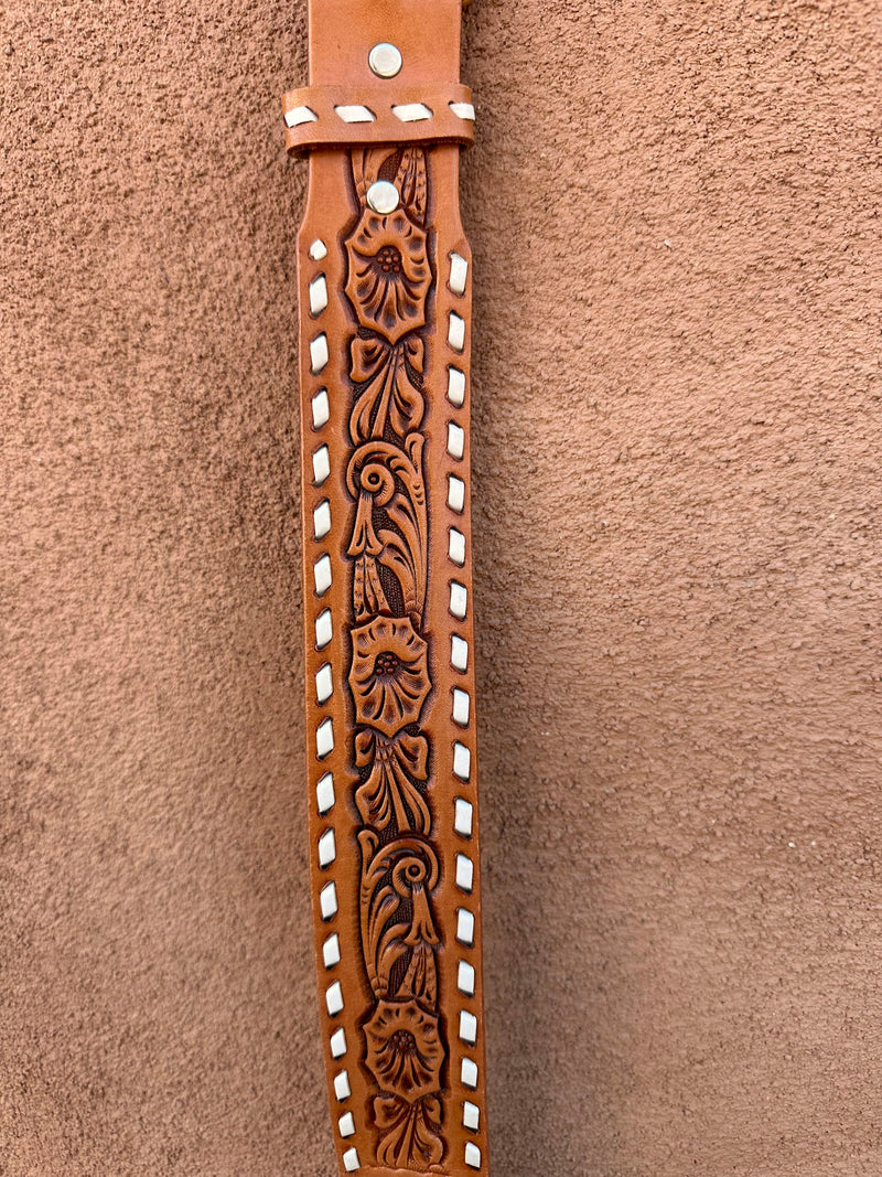 Hand Tooled Brown Leather Belt with Blank Plate