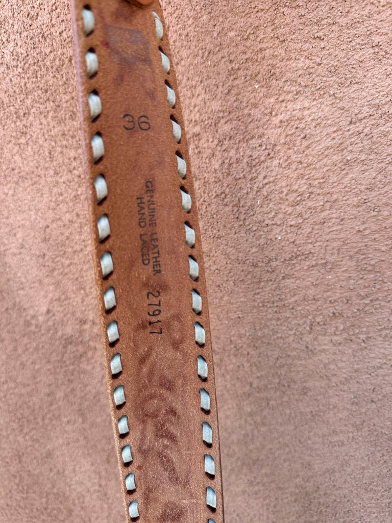 Hand Tooled Brown Leather Belt with Blank Plate