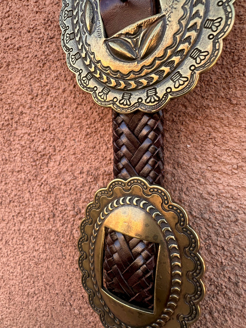 Ralph Lauren Brown Woven Leather Belt with Brass Conchos