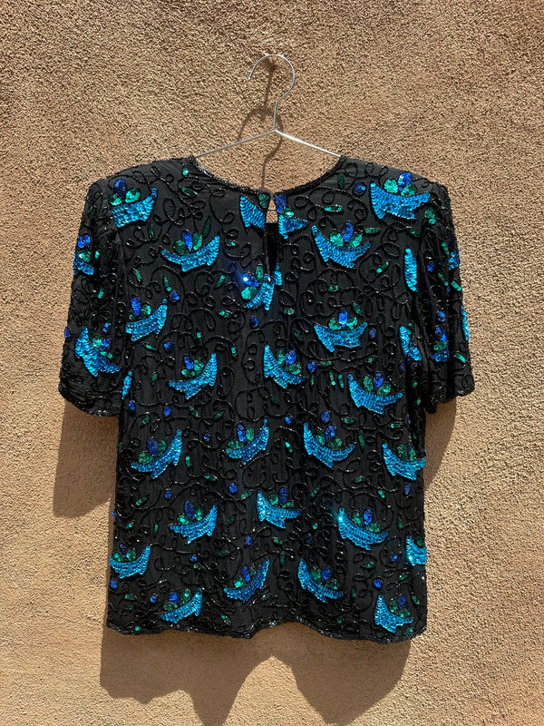 Black Silk Blouse with Green and Blue Sequins by Laurence Kazar - Medium