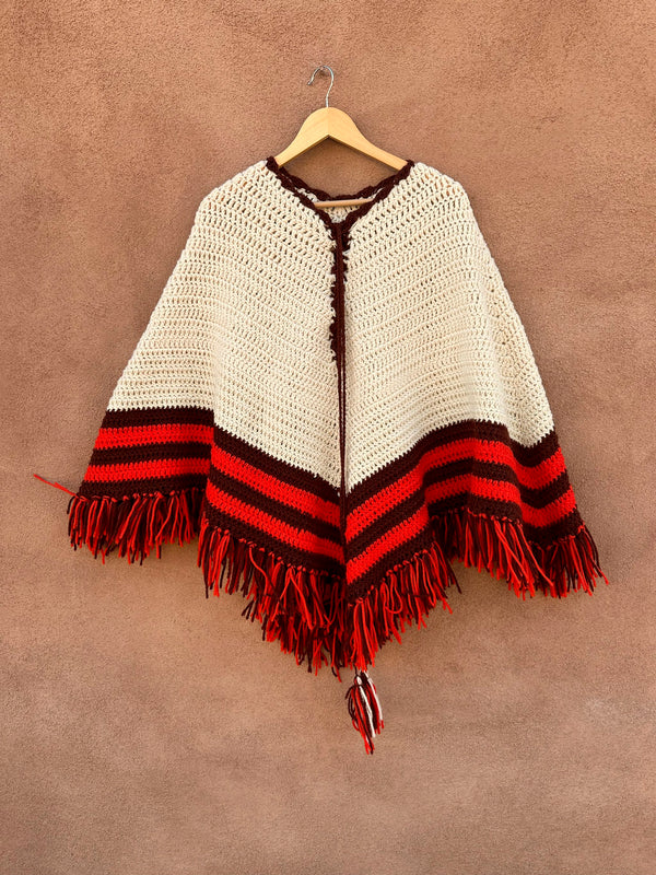 Cream Crochet Poncho with Fringe