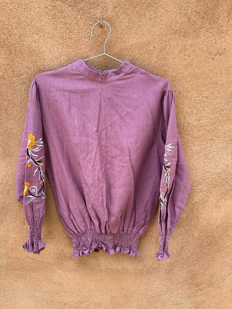 Violet Linen Blouse with Floral Embroidery