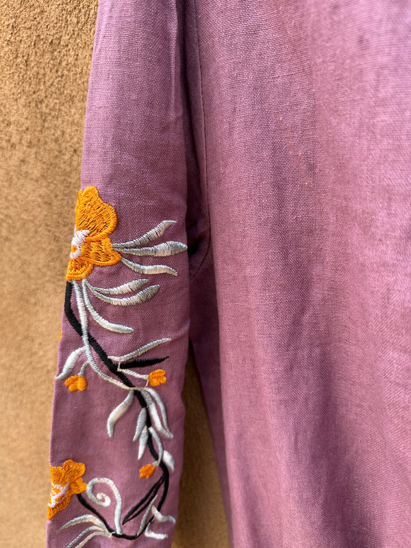 Violet Linen Blouse with Floral Embroidery