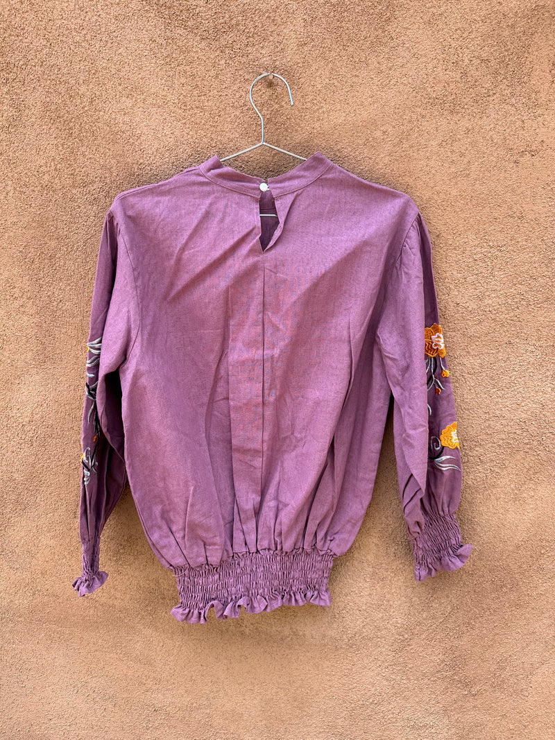 Violet Linen Blouse with Floral Embroidery