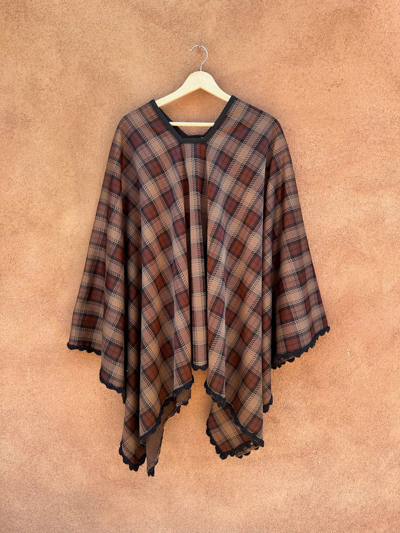 70's Brown Plaid Poncho with Crochet Hem