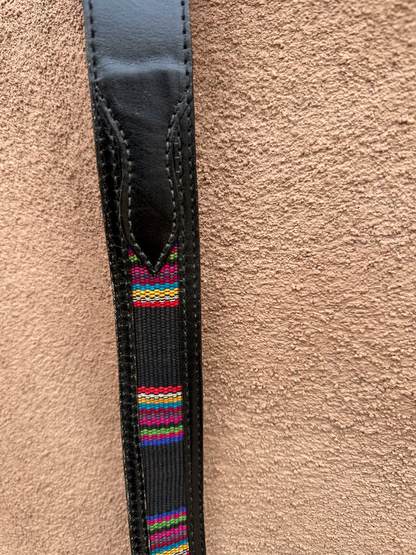 Woven Rainbow Block Cotton & Black Leather Belt - 34