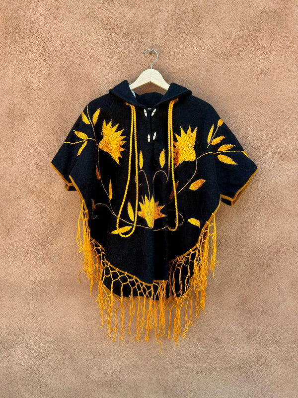 Black Wool Poncho with Gold Fringe & Embroidery