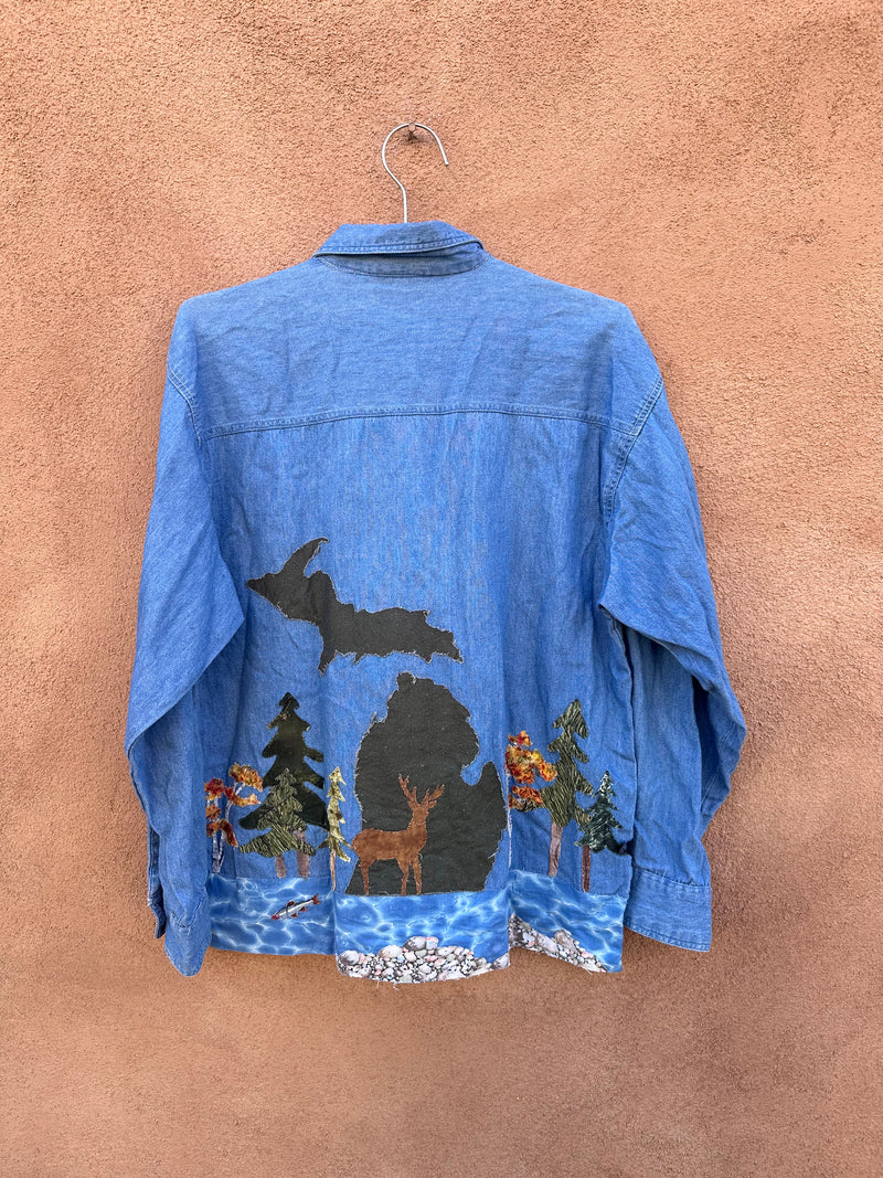 Forest Themed Patch Blouse Blue Diamond Denim