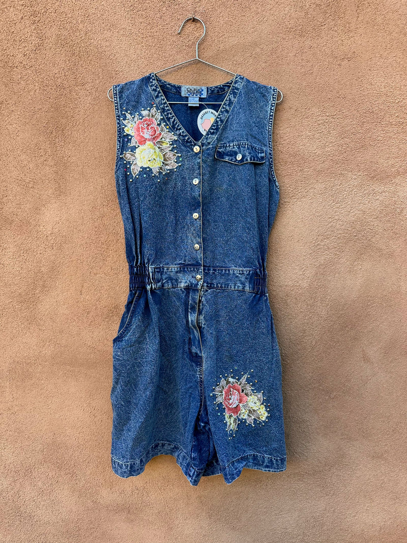 1980's Pretty Bleu Denim Romper with Applique