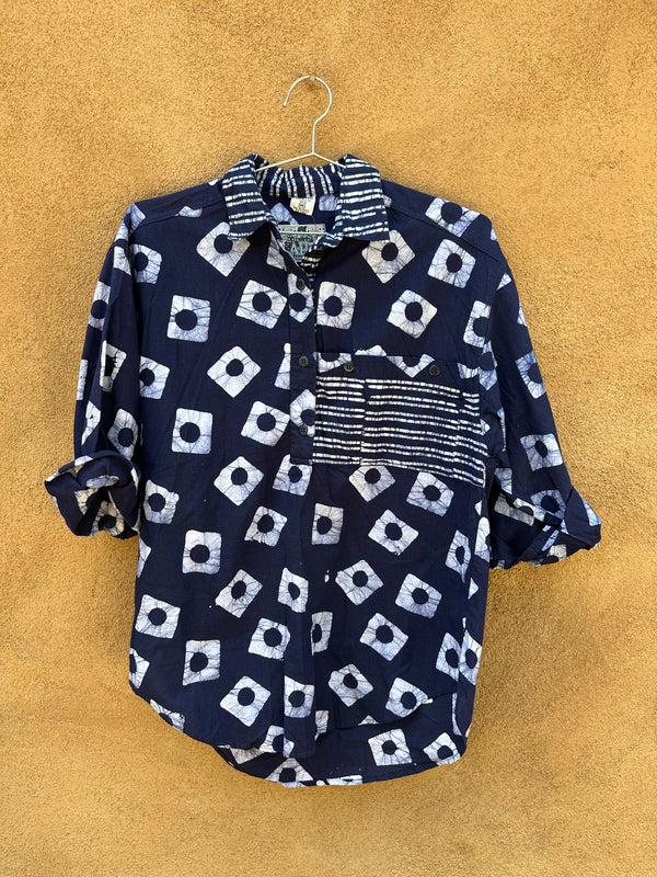 Men's Blue/White Batik Collared Henley/Polo