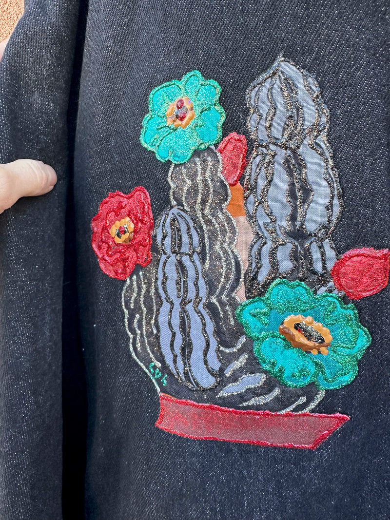 Applique & Glitter Paint Cacti Black Denim Jacket