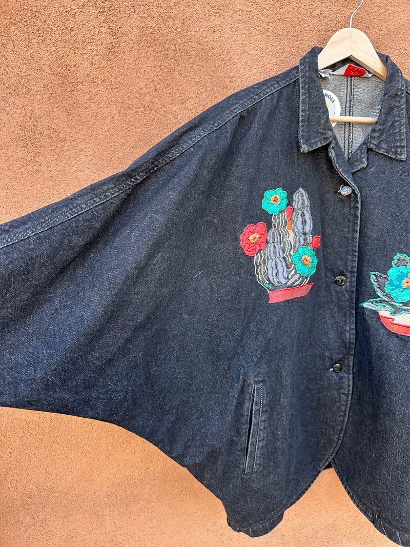 Applique & Glitter Paint Cacti Black Denim Jacket