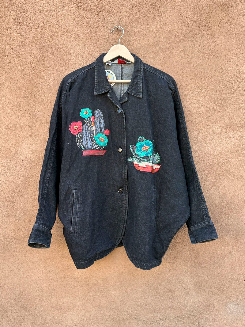 Applique & Glitter Paint Cacti Black Denim Jacket