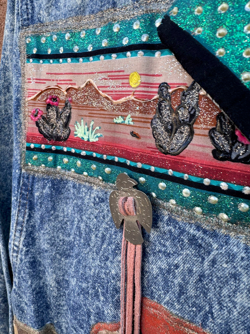 Southwestern Glitter & Puff Paint Acid Wash Denim Coat