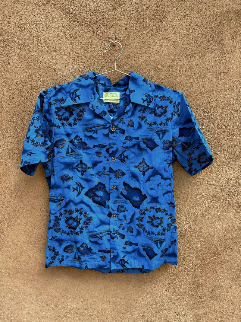 1960 Ui-Maikai Blue & Gold Hawaiian Shirt