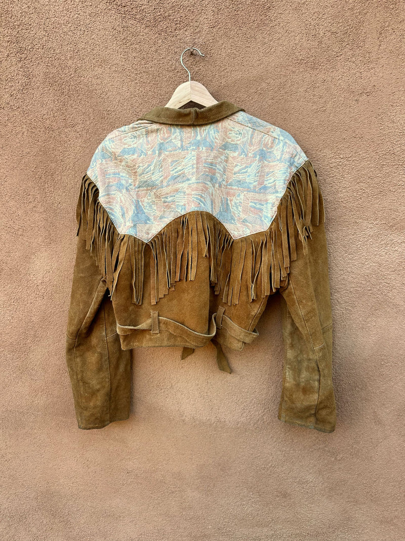 Fringed Brown Suede Cropped Western Jacket with Tapestry Yokes