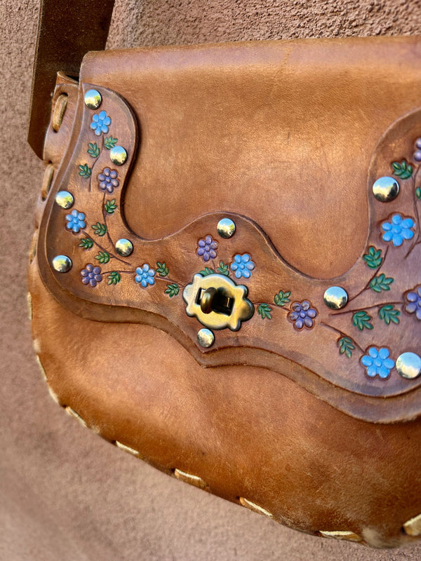 1970's Floral Tooled Brown Leather Saddle Purse