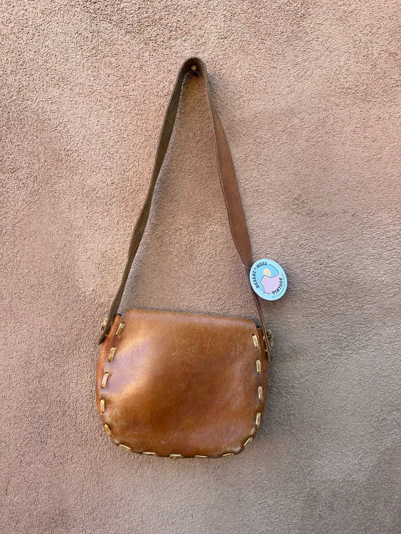 1970's Floral Tooled Brown Leather Saddle Purse