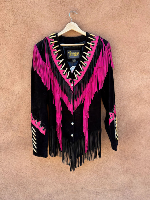 Pink & Black Diamond Leathers Fringe Jacket with Bone Piping