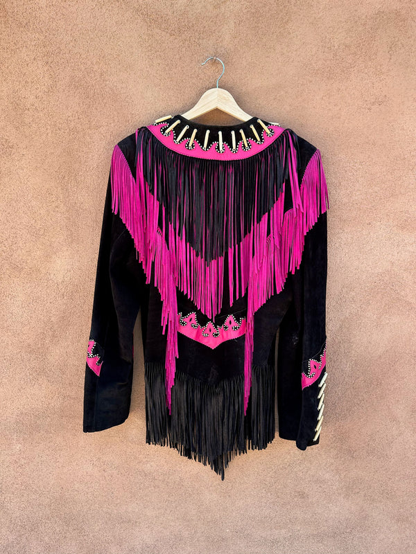 Pink & Black Diamond Leathers Fringe Jacket with Bone Piping