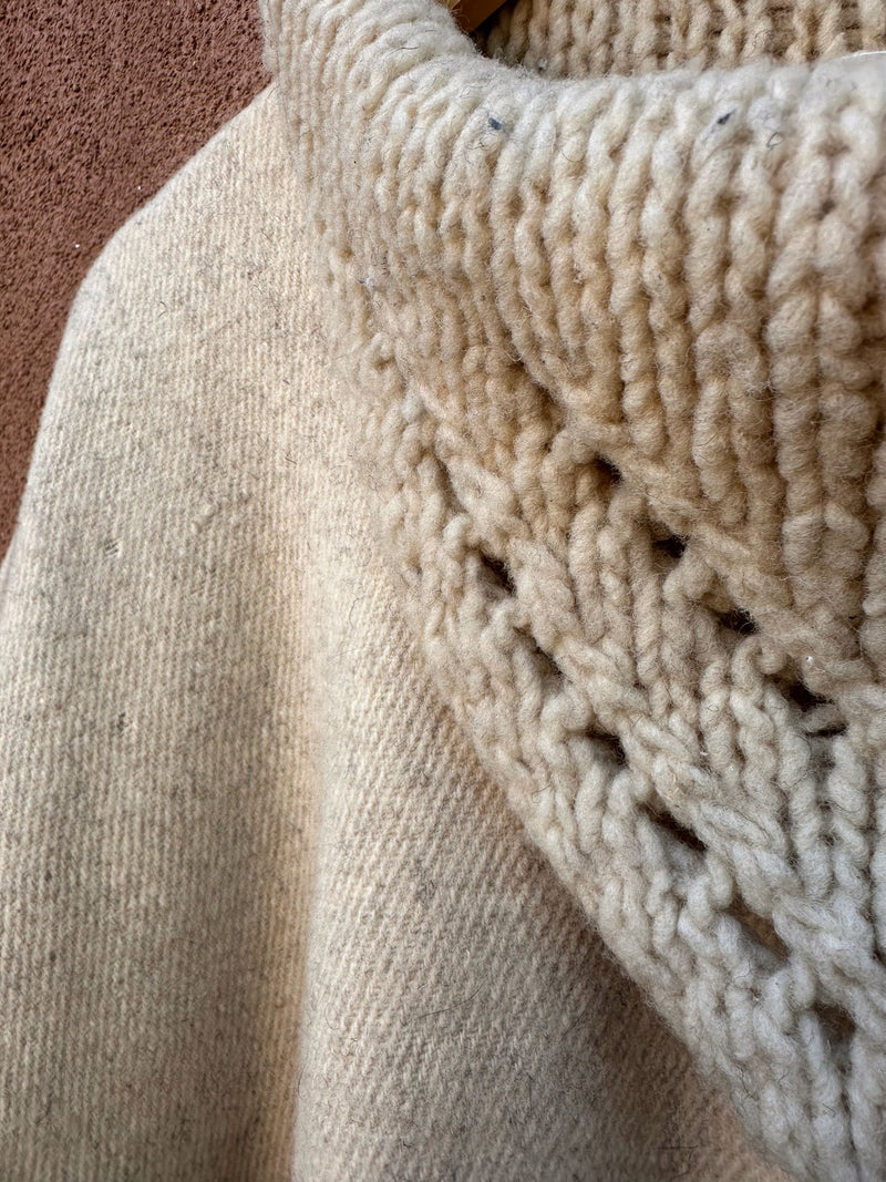 70's Beige Wool Poncho with Cowl Neck - as is