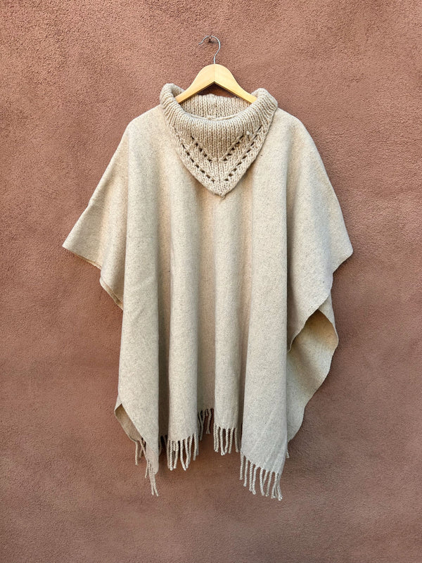 70's Beige Wool Poncho with Cowl Neck - as is