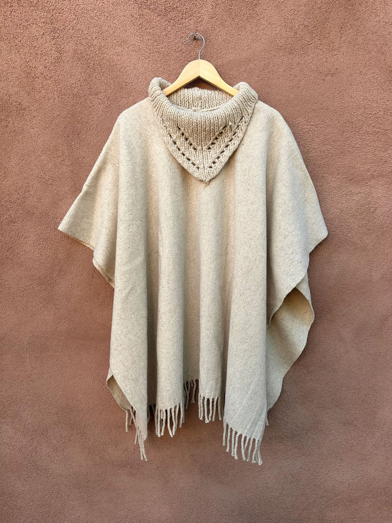 70's Beige Wool Poncho with Cowl Neck - as is