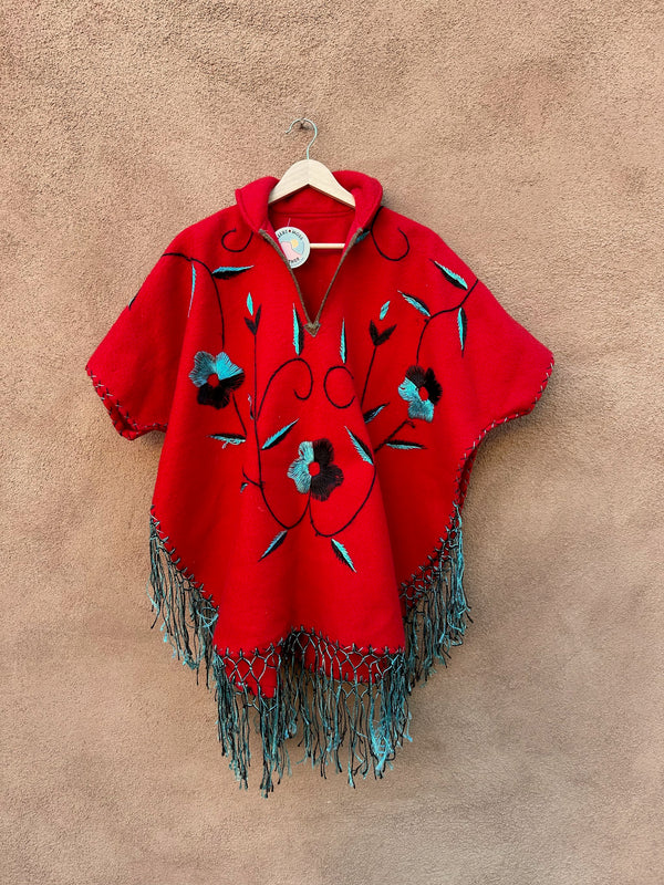 1950's Red Wool Embroidered Poncho - as is