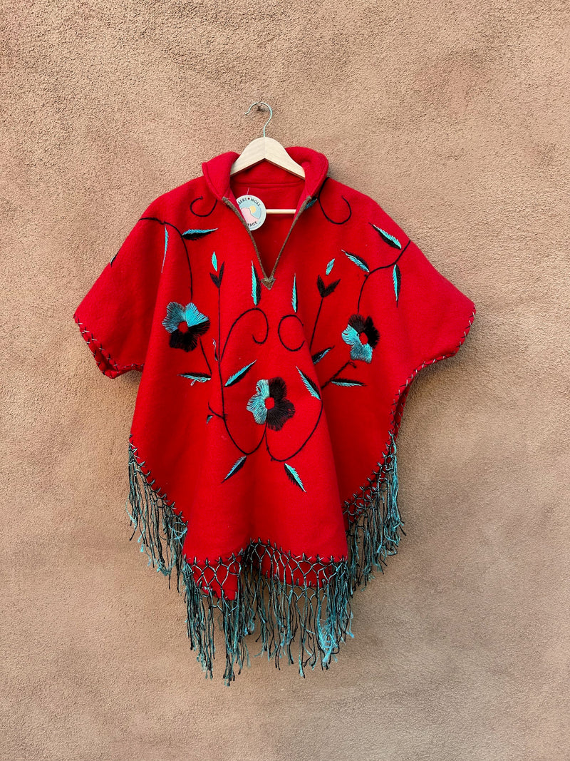 1950's Red Wool Embroidered Poncho - as is