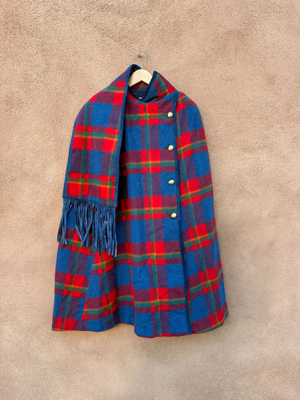 Red Plaid Wool Cape with Leather Trim by Pioneer Wear