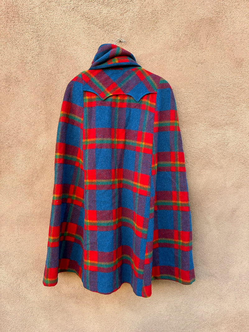 Red Plaid Wool Cape with Leather Trim by Pioneer Wear