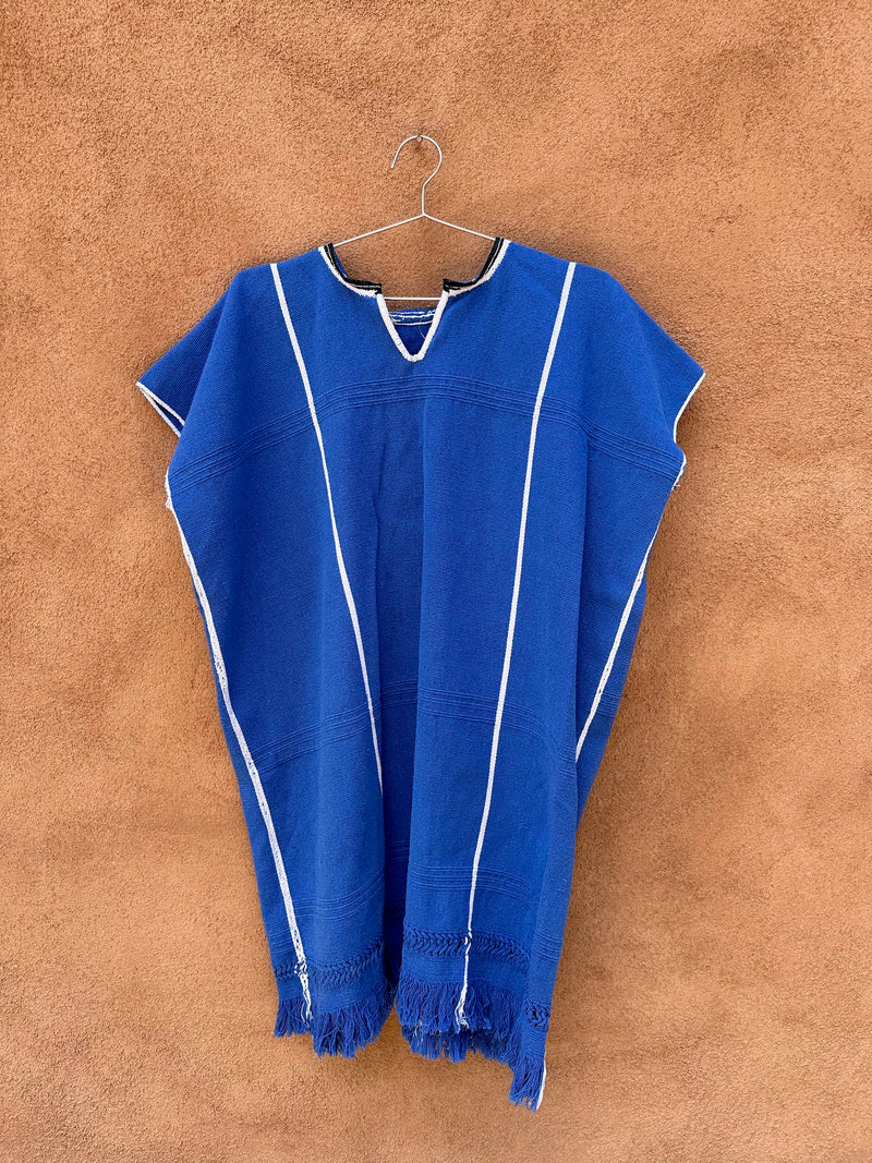 Blue Cotton Striped Poncho with Fringe