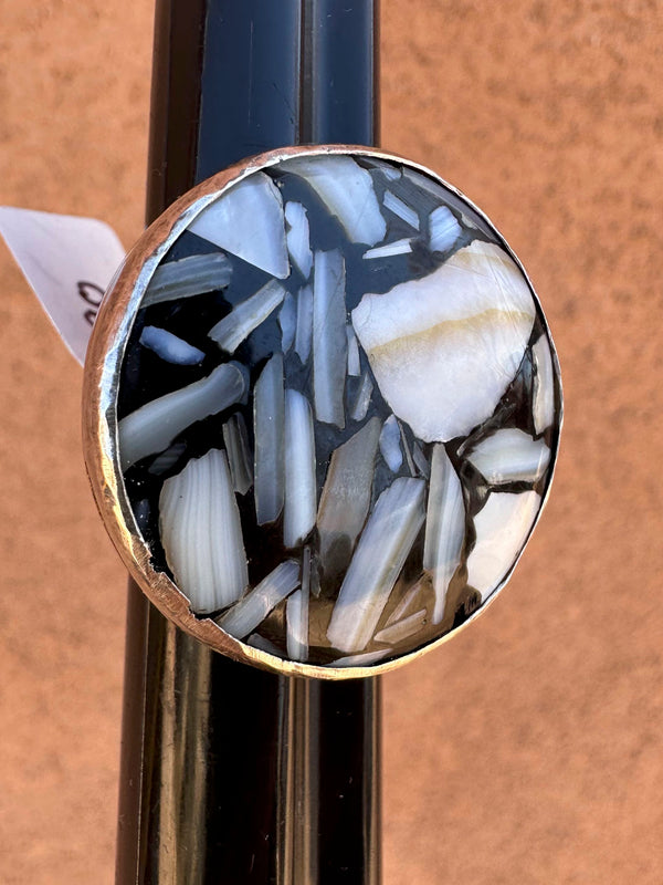 Mother of Pearl, Brass and Sterling Silver Ring