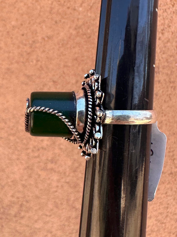 Green Glass and Sterling Silver Top Hat Ring