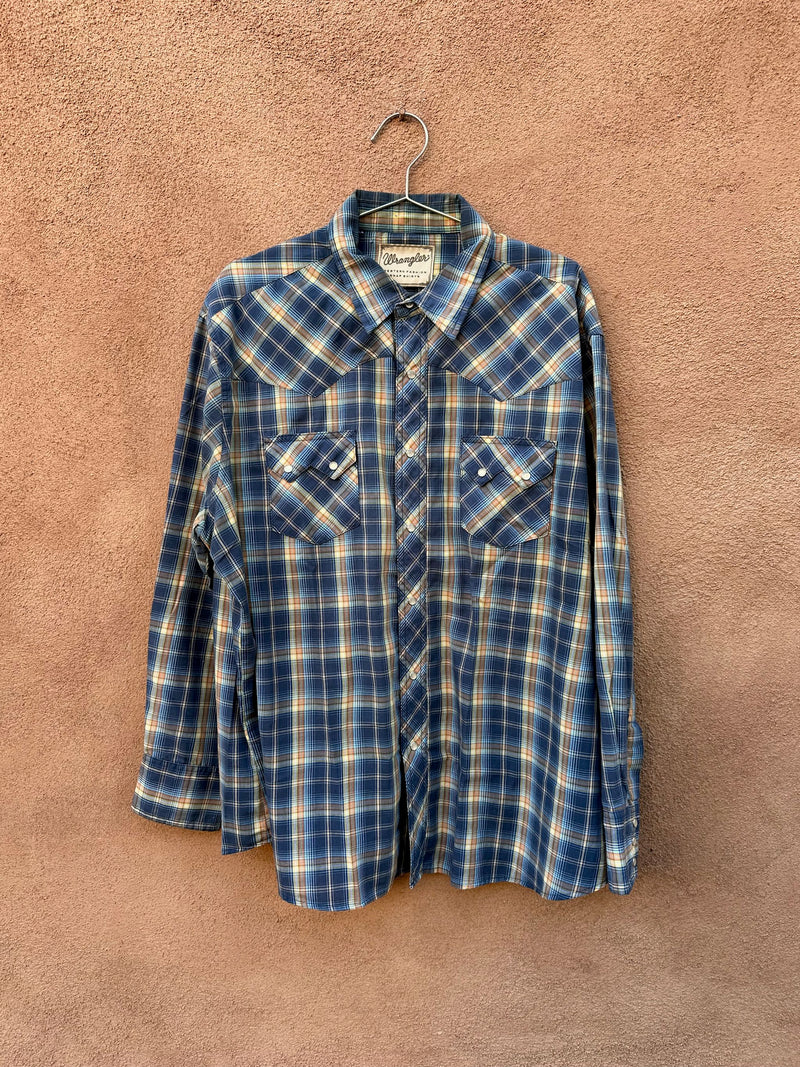 Blue, Yellow, Orange Plaid Wrangler Pearl Snap Shirt