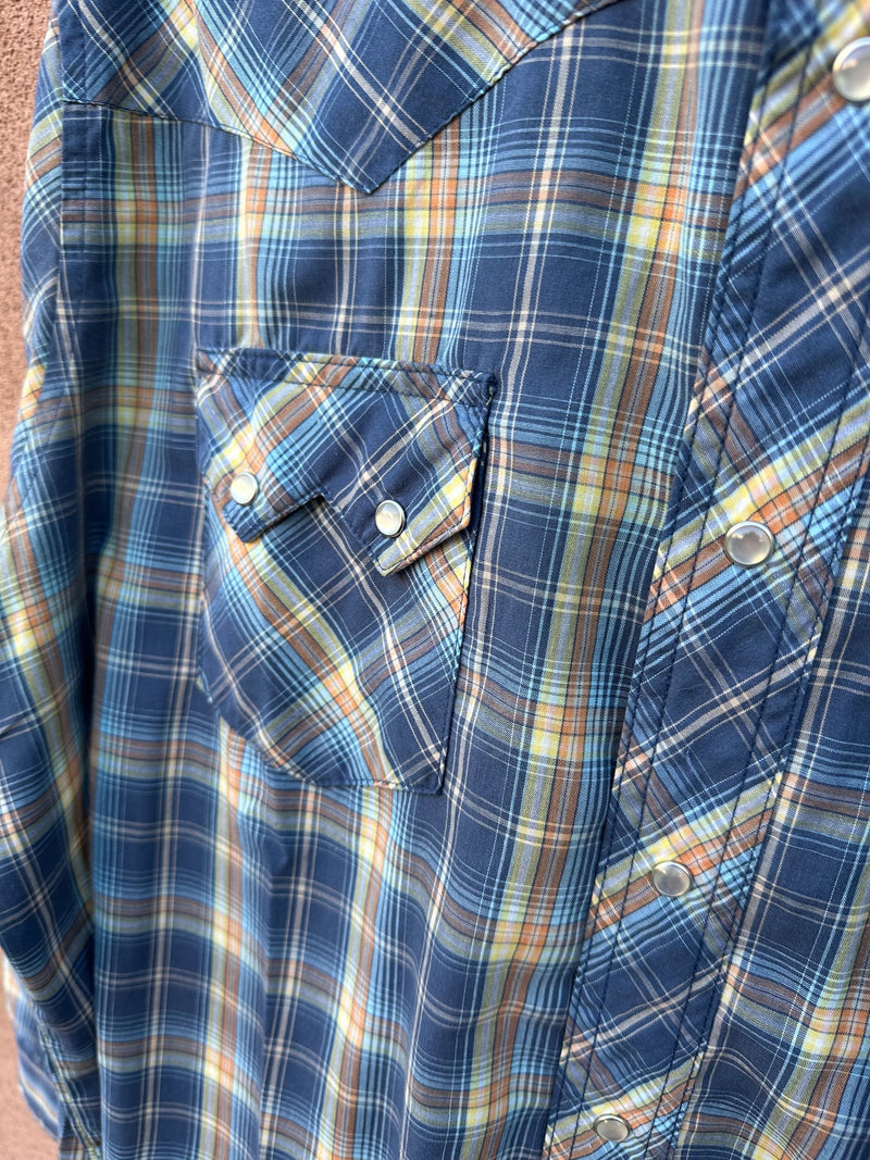 Blue, Yellow, Orange Plaid Wrangler Pearl Snap Shirt