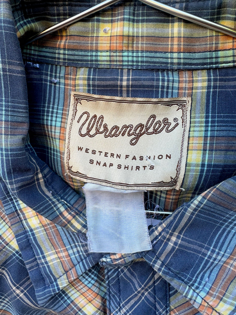 Blue, Yellow, Orange Plaid Wrangler Pearl Snap Shirt