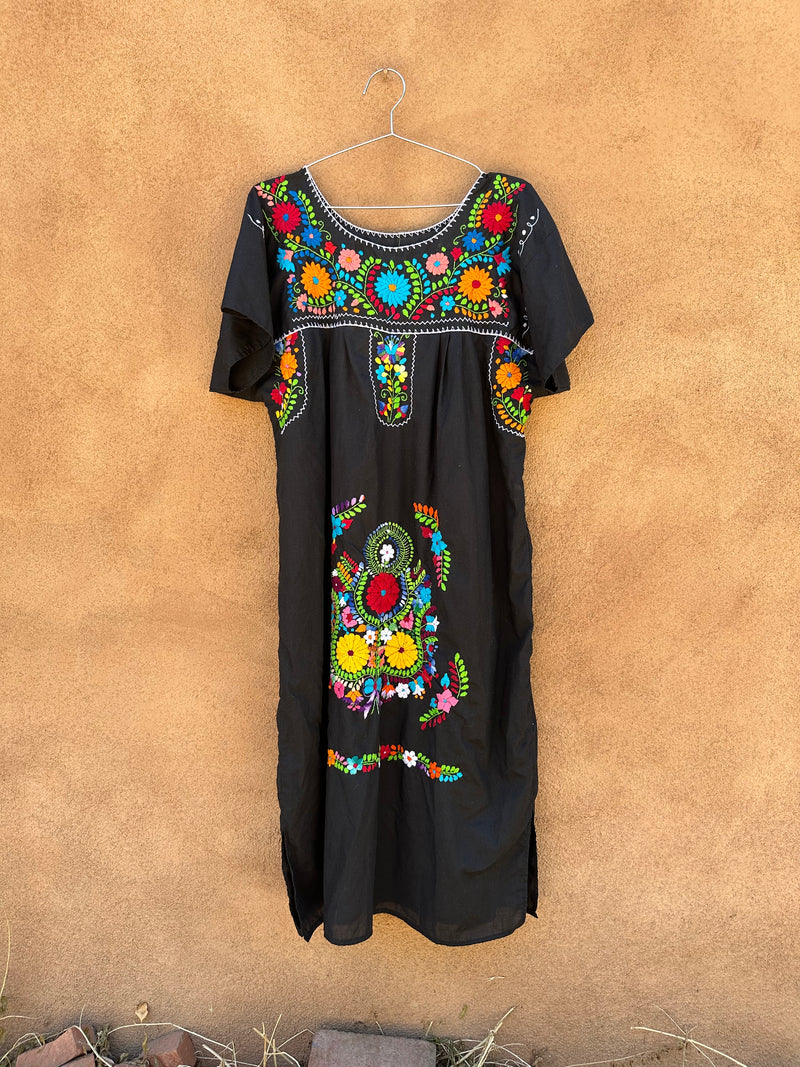 Black Huipil with Colorful Floral Embroidery