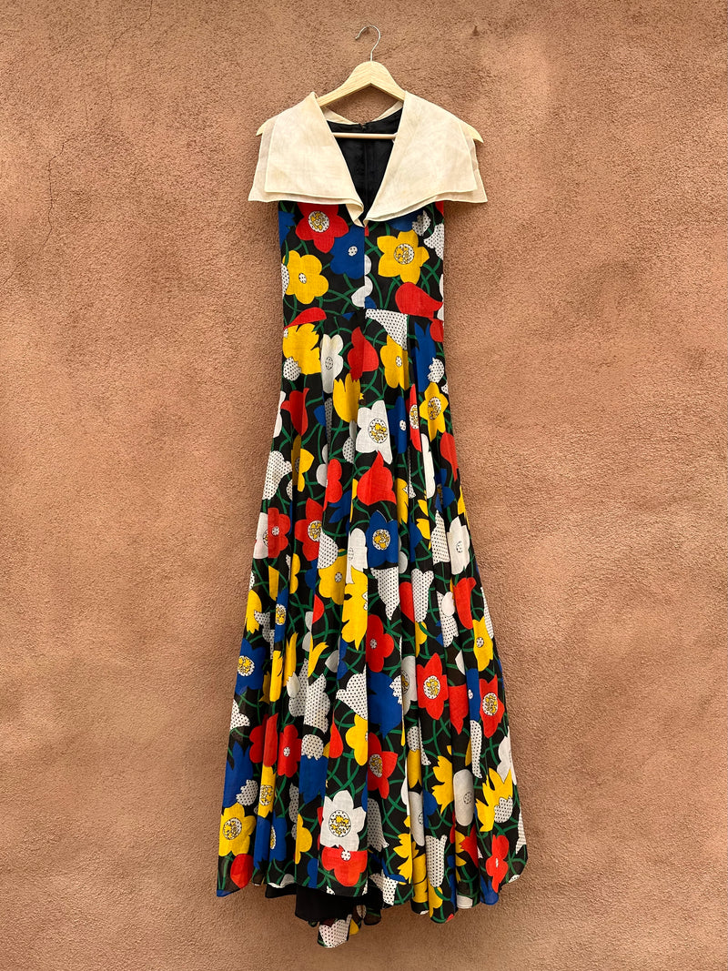 1960's Mod Floral Dress with Chiffon Collar, Union Made