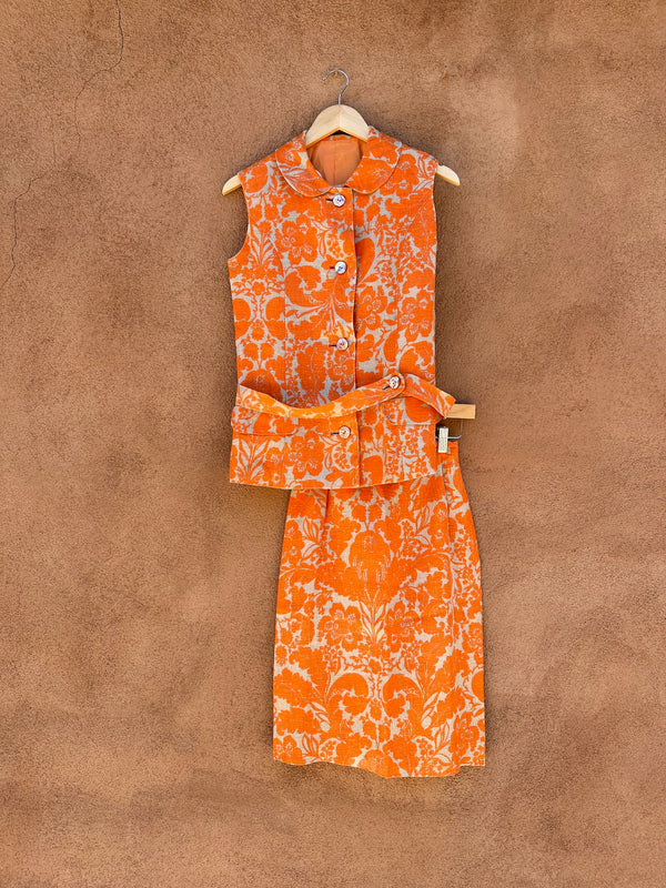 1960's Orange & Tan Two Piece Belted Suit Dress