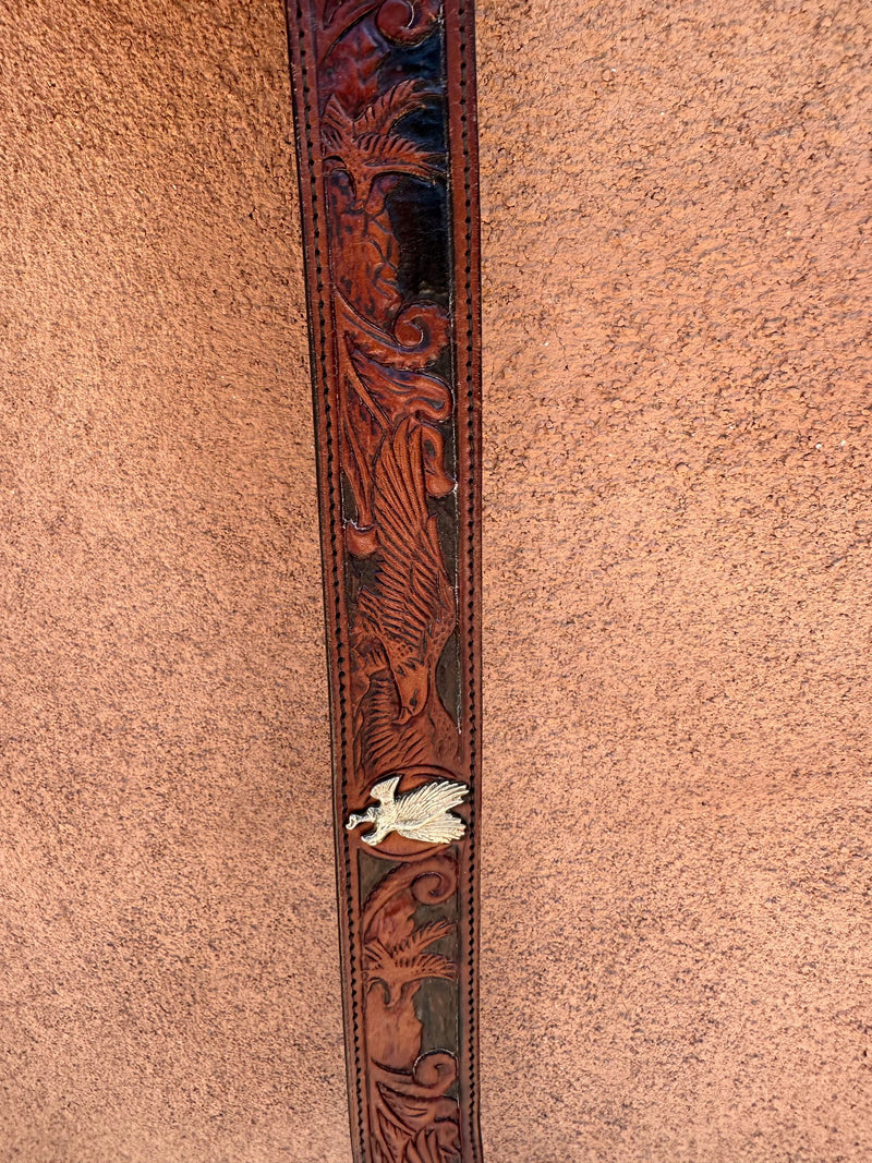 Brown Tooled Leather Eagle Belt with Eagle Studs - 38