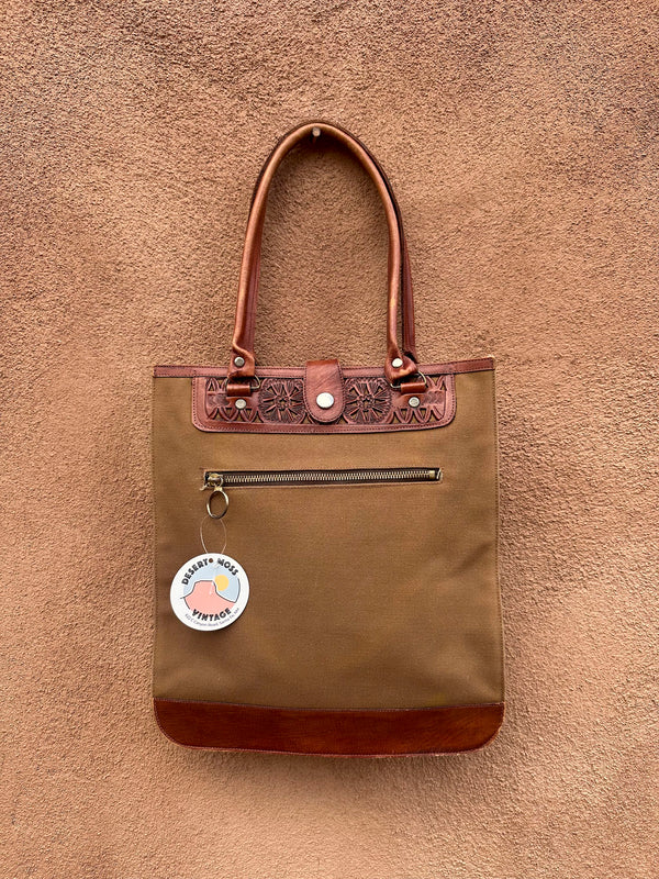 1970's Canvas and Tooled Leather Tote with Zip Pocket